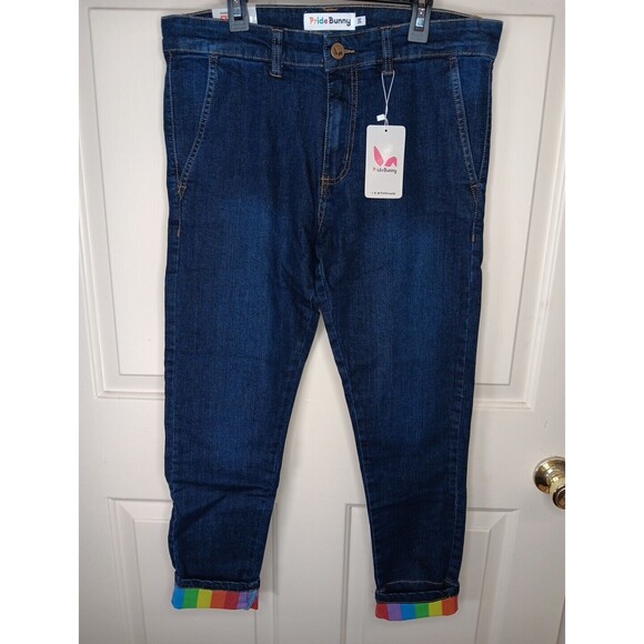 NWT Pride Bunny Jeans Size 34 Dark Wash Rainbow Roll Cuffs Vegan Stretch - Picture 1 of 6